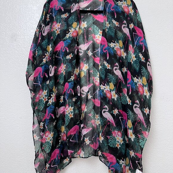 Women Sheer Flamingo Print Kimono Wrap Cover Up OS Open Front Summer Resortwear - Picture 2 of 10